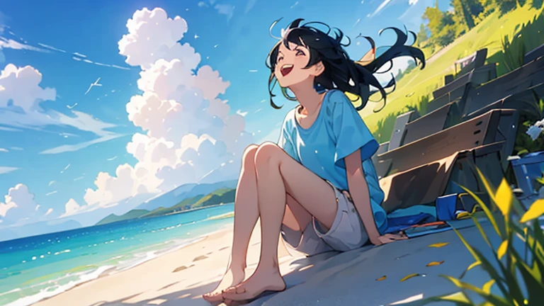 (masterpiece, highest quality, highest quality, Official Art, beautifully、beautiful:1.2), 1 girl,Daytime,blue sky,Sandy Beach,Cute older sister,Short sleeve,Pastel colored clothes,front,Semi-long hair,Black Hair,Laughing with mouth open,Everything from head to toe,whole body,While looking up at the distant sky