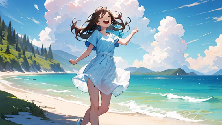 (masterpiece, highest quality, highest quality, Official Art, beautifully、beautiful:1.2), 1 girl,Daytime,blue sky,Sandy Beach,Cute older sister,Short sleeve,Pastel colored clothes,front,Semi-long hair,Dark Brown Hair,Laughing with mouth open,Everything from head to toe,whole body,While looking up at the distant sky