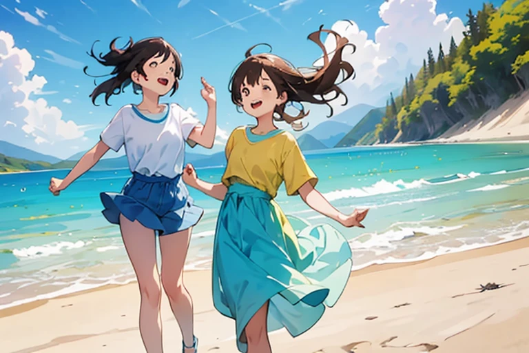 (masterpiece, highest quality, highest quality, Official Art, beautifully、beautiful:1.2), 1 girl,Daytime,blue sky,Sandy Beach,Cute older sister,Short sleeve,Pastel colored clothes,front,Semi-long hair,Dark Brown Hair,Laughing with mouth open,Everything from head to toe,whole body,Gazing at the distant sky