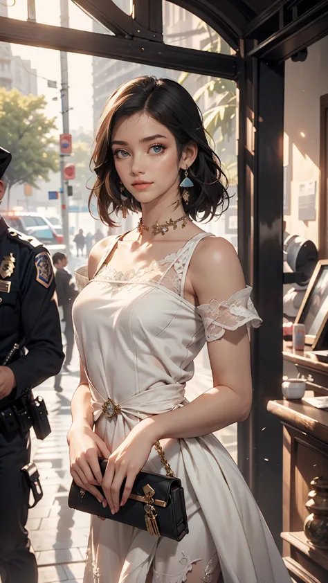1 female, Black Hair, Blue Eyes, Delicate face, cute, Love Earrings, White Dress, Standing at the entrance to the police station...