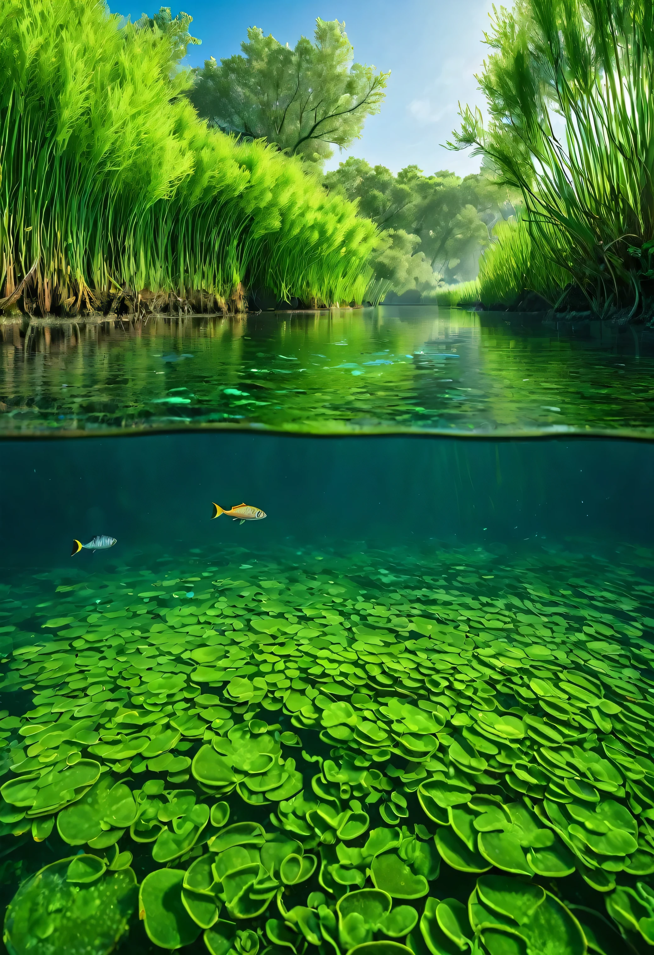 a photoPractical scene of a river with fresh clean water, A unique marine fish that swims underwater, The surrounding area is full of lush green algae and tall reeds., River cross section，Trees line both sides of the river, (best quality,4k,8K,High resolution,masterpiece:1.2),Extremely detailed,(Practical,photoPractical,photo-Practical:1.37),Detailed underwater scenes,stunning Practical lighting,Dynamic underwater composition,Dramatic water reflections,Complex fish anatomy,Vibrant green algae,detailed foliage,tranquil natural setting