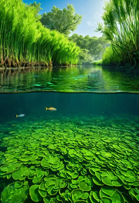 a photoPractical scene of a river with fresh clean water, A unique marine fish that swims underwater, The surrounding area is fu...
