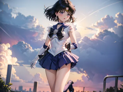 (full body)，high resolution，detailed description，highest quality，(sailor senshi uniform),sailor saturn，black hair，cosmos，leotard...