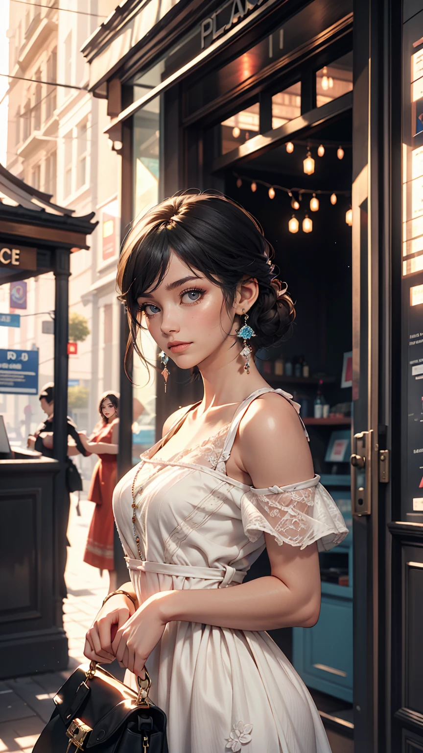 1 female, Black Hair, Blue Eyes, Delicate face, cute, Love Earrings, White Dress, Standing at the entrance to the police station, Playful, Ultra HD, masterpiece, highest quality, Super detailed, Accurate