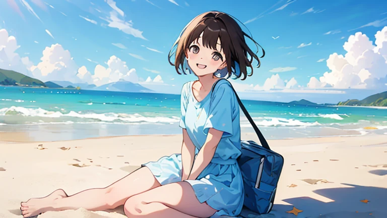 (masterpiece, highest quality, highest quality, Official Art, beautifully、beautiful:1.2), 1 girl,Daytime,blue sky,Sandy Beach,Cute older sister,Short sleeve,Pastel colored clothes,front,Short Bob Hair,Dark Brown Hair,Eyes open,Smile with your mouth slightly open,Everything from head to toe,whole body,Looking into the distance.Keep your eyes on me