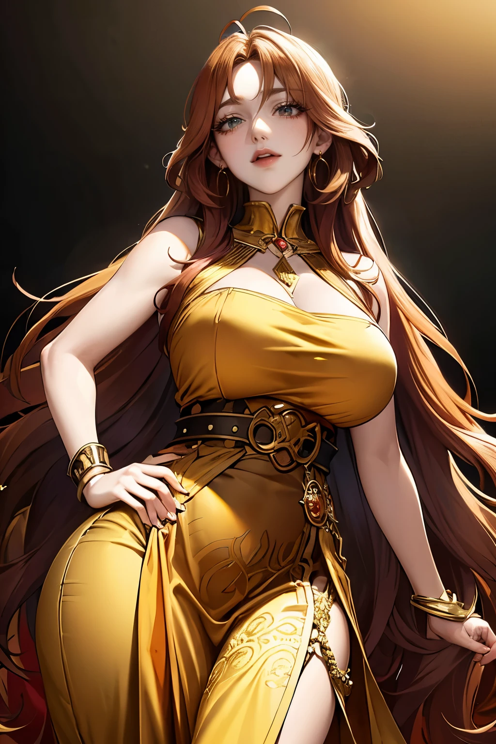 Orange-haired girl, black big eyes, long red wavy hair, gold Congo earrings, tired look, Gold Background, Waist-length, Plump lips, white strands in her hair, Piercing in the lip