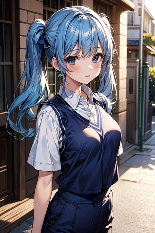 masterpiece、highest quality、Very detailed、An illustration、Beautiful fine details、One Girl、cute、Detailed landscape、Schoolyard background、(Light blue hair, Twin tails:1.4)、((D cup breasts, Collared short-sleeved shirt:1.3, A navy blue vest with the school emblem on the chest, Navy blue slacks))、Landscape:1.6、Walking through the streets in the evening