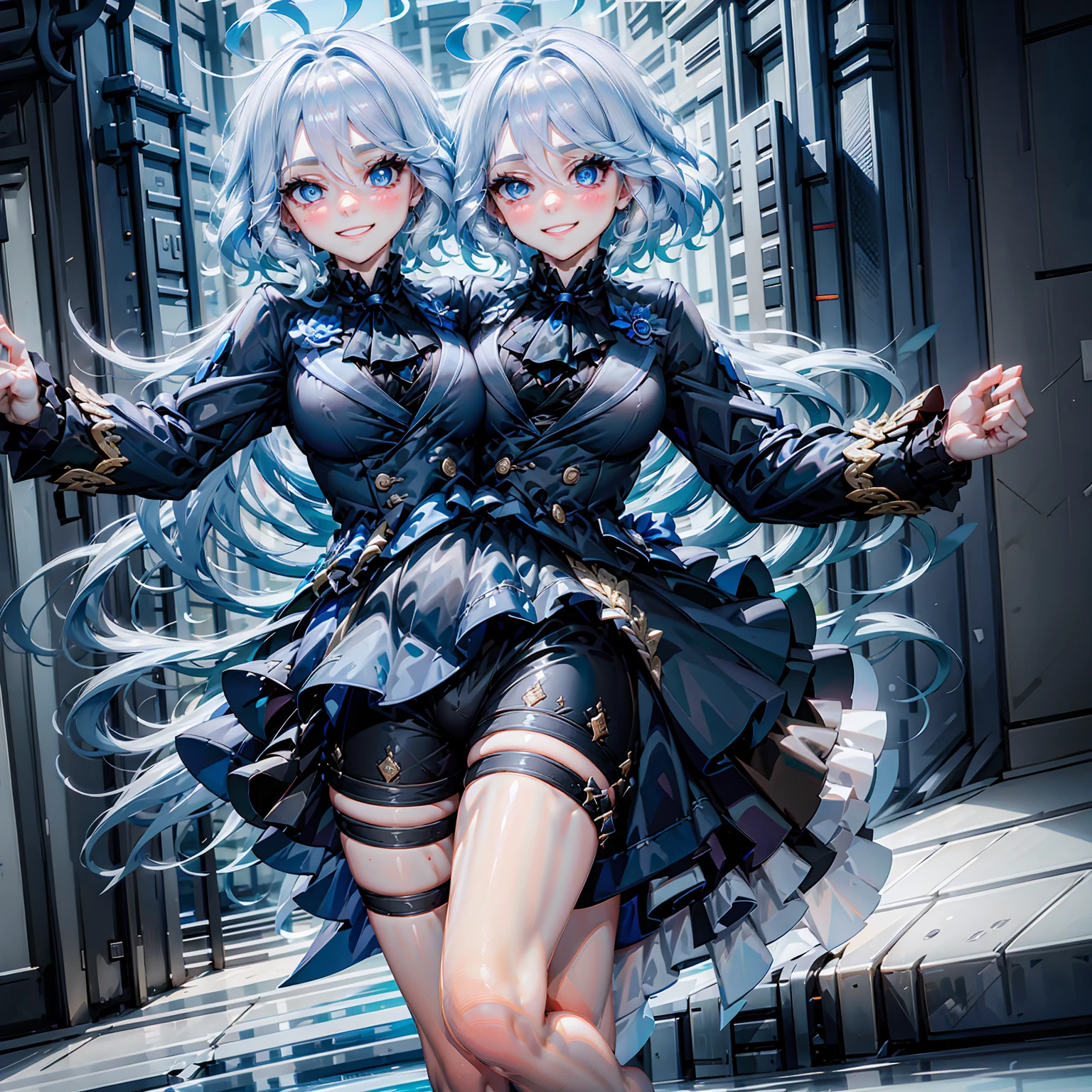 masterpiece,best quality,best resolusion,1 girl,detailed,2heads,Focalors/Furina character,short white hair with a hint of blue,blue eyes,Smile,wearing a black uniform,wearing a two-pronged red tie,normal breasts,urban background,beautiful face,beautiful hair,beautiful eyes,beautiful body,beautiful hand,conjoined twins,two people one body