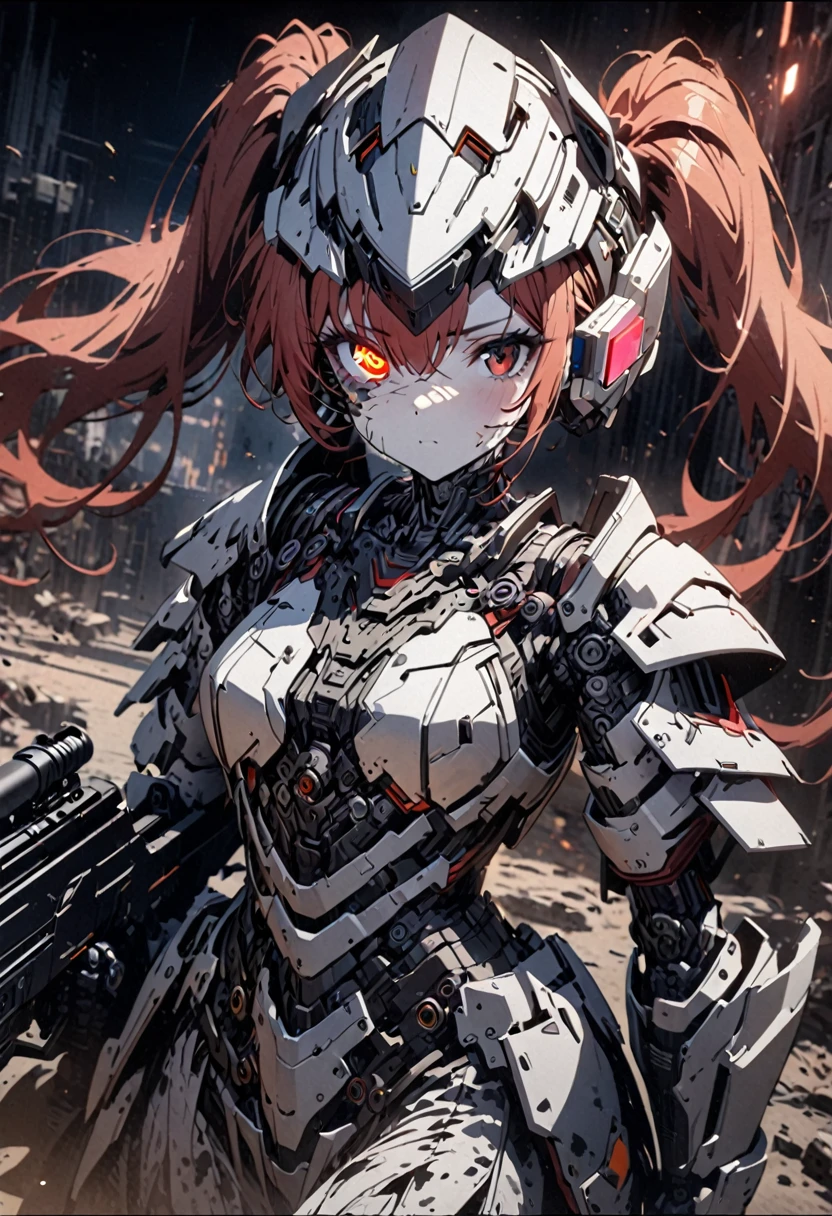 8k, 1fille, fille robot, cheveux roux, Queues jumelles, les yeux rouges, Vêtements de camouflage blancs et gris, elle porte une armure de robot flashy, tenant un fusil à longue portée de camouflage urbain, un casque de type robot sur la tête, Scouteur dans un œil, la peau sur la moitié du visage s&#39;est décollée, la base du cyborg est visible, Visage plein de cicatrices, visage en gros plan, pris sous un angle, hyper détaillé,  détails complexes, Éclairage cinématographique, couleurs dramatiques, style artistique conceptuel