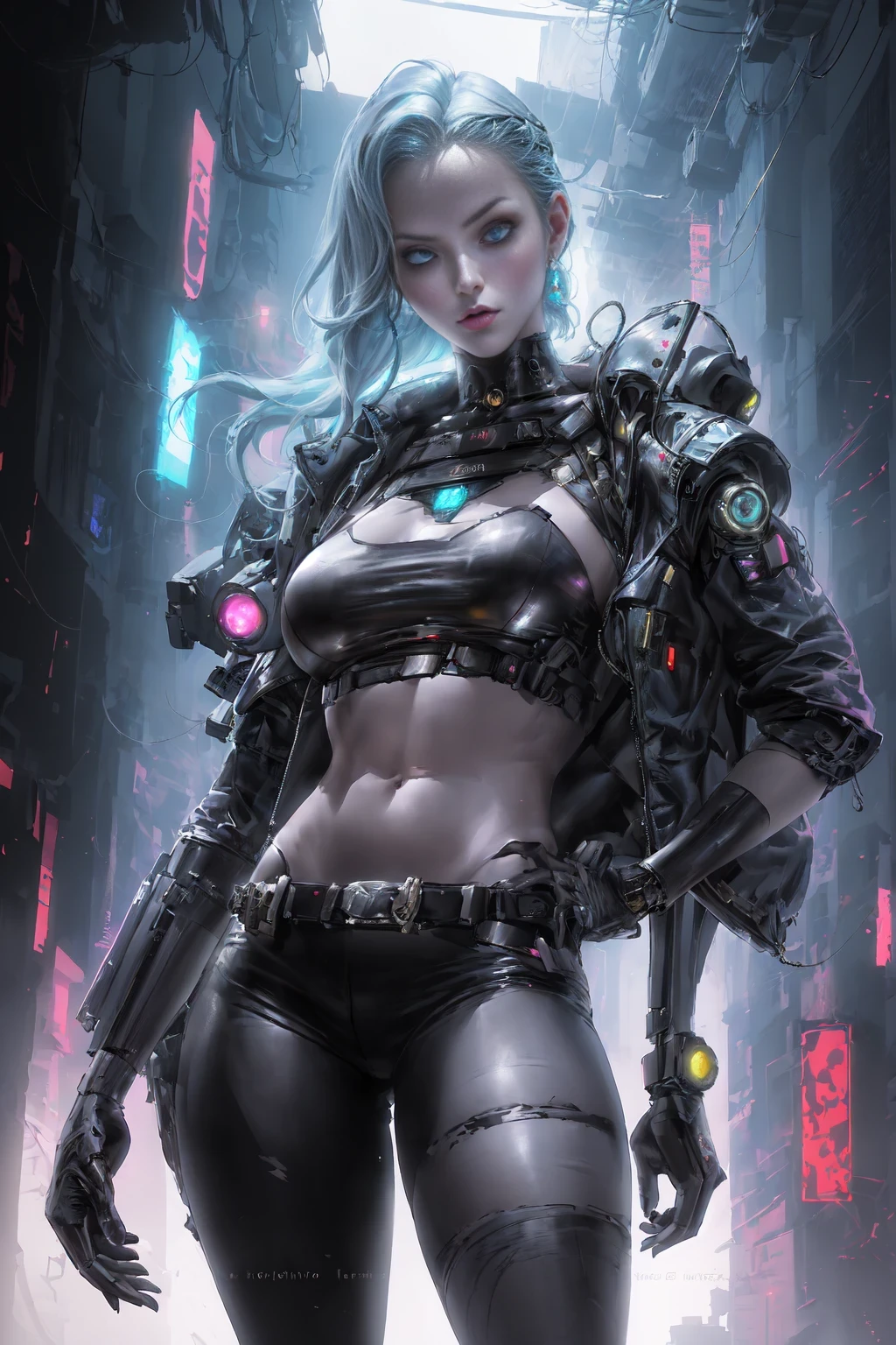 a futuristic female warrior holding a katana, (Delicate skin), pale skin, (in a deep neckline highly detailed sexy futuristic cyberpunk black crop top and underpants made of circuit boards, Japanese word with flare effect, beautiful epic work, futuristic, masterpiece, attractive, Posing for photos