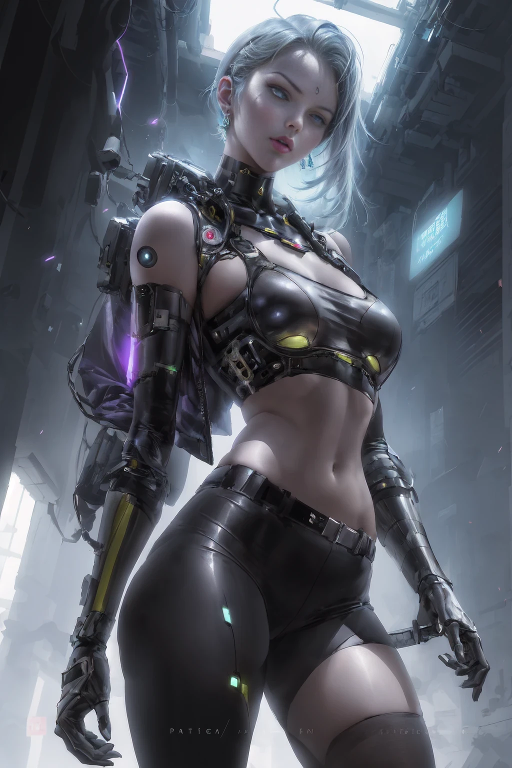 a futuristic female warrior holding a katana, (Delicate skin), pale skin, (in a deep neckline highly detailed sexy futuristic cyberpunk black crop top and underpants made of circuit boards, Japanese word with flare effect, beautiful epic work, futuristic, masterpiece, attractive, Posing for photos