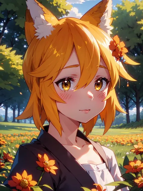 A girl, Fox ears, field, Orange flowers. Super detailed, Detailed ears, Detail Eyes, Girls 4K, Detailed flowers, beautiful cloud...