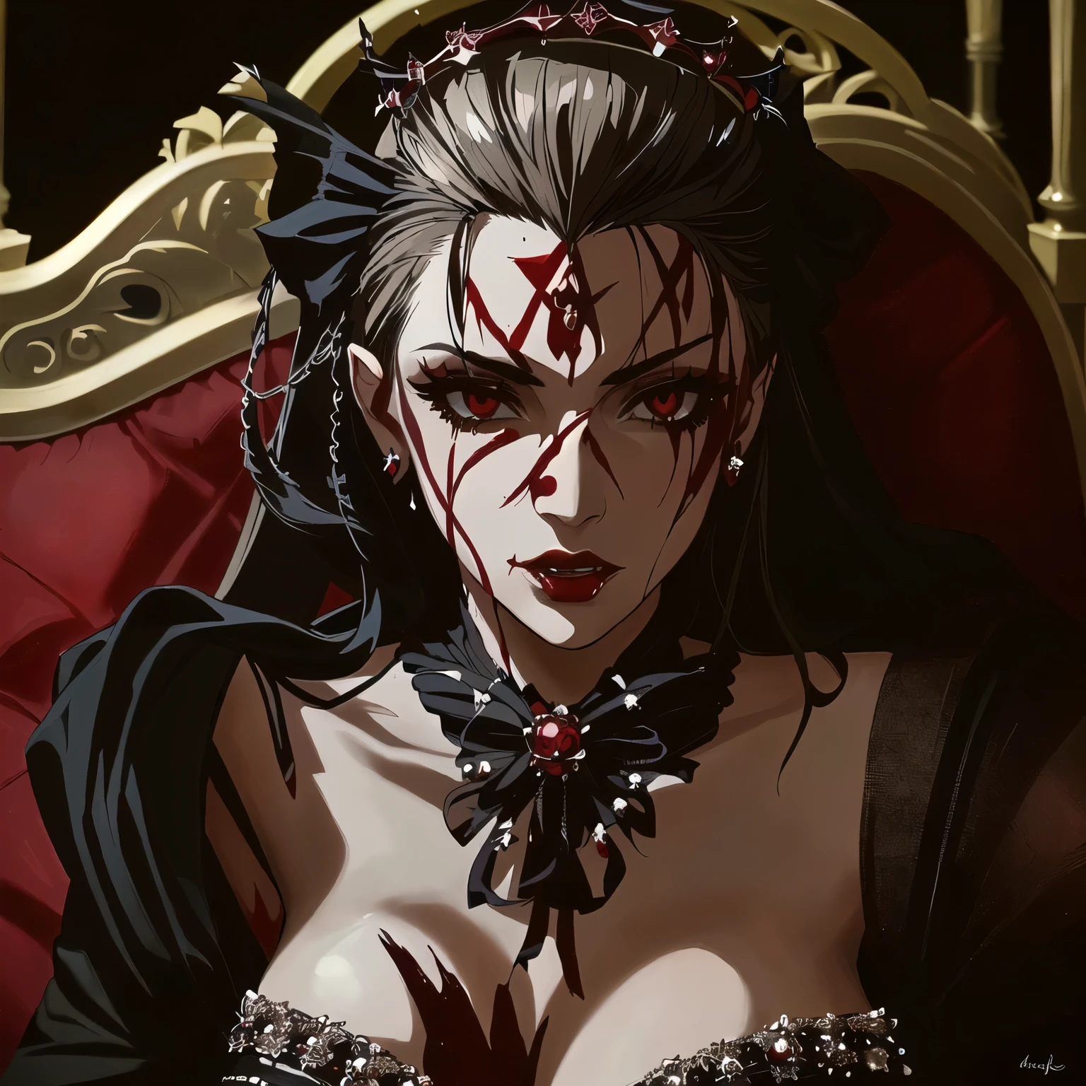 araffe woman with blood on her face and a crown on her head, beautiful vampire female queen, portrait of a lady vampire, beautiful vampire queen, woman vampire, portrait of beautiful vampire, beautiful female vampire, female vampire, beautiful scary female vampire, portrait of a vampire, vampire portrait, vampire queen, victorian vampire, vampire, elegant victorian vampire, vampires fantasy