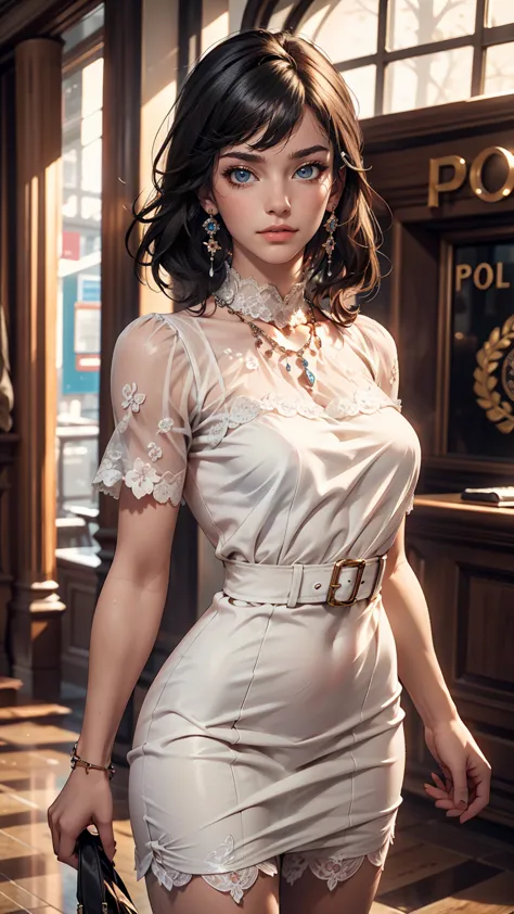 1 female, black hair, blue eyes, delicate face, cute, love earrings, white dress, standing at the entrance to the police station...