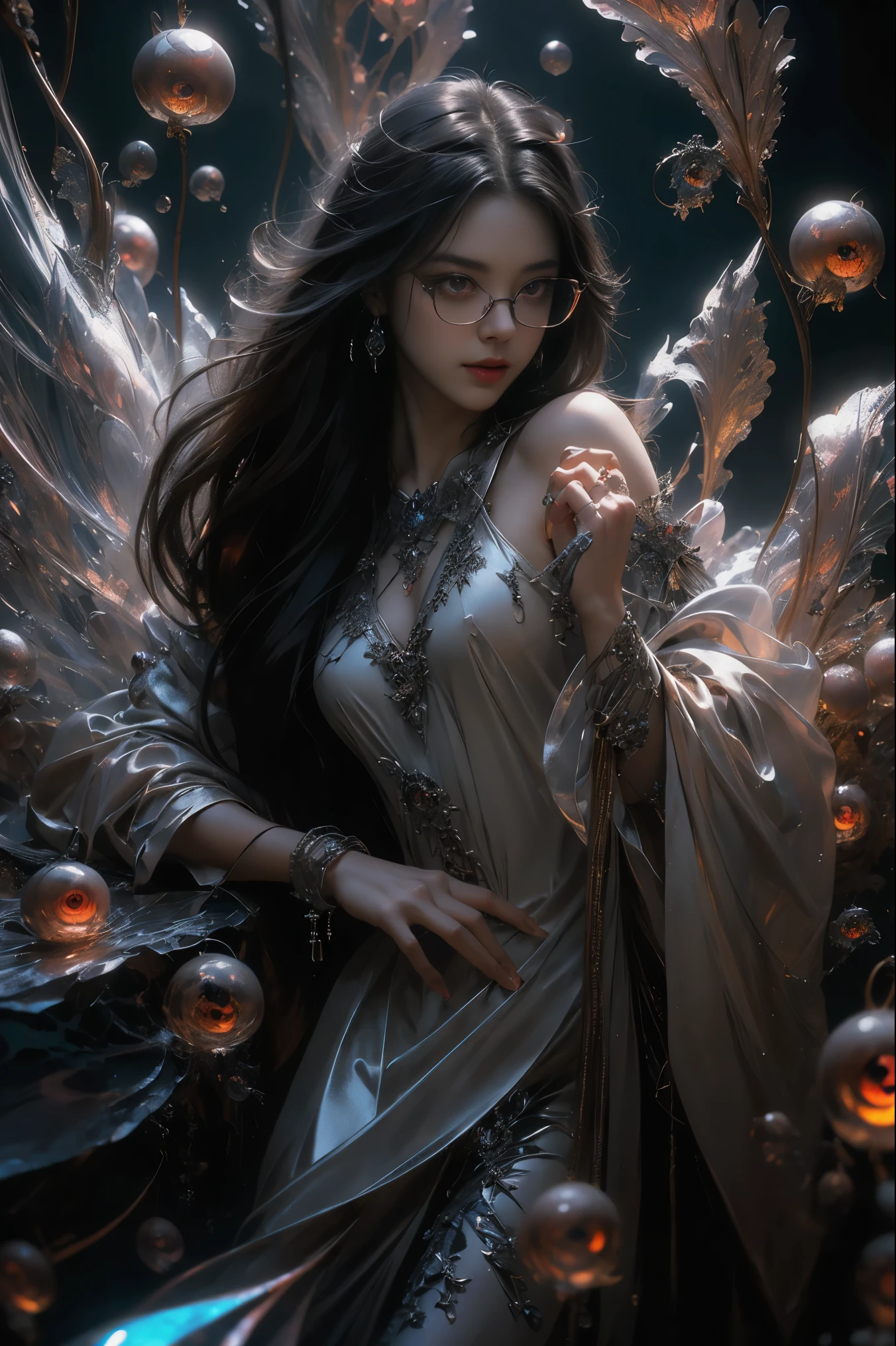 (The best illustrations)、realisitic、ultra-detailliert、The best lighting、Best Shadows、alluring succubus, ethereal beauty, perched on a cloud, (fantasy illustration:1.3), enchanting gaze, captivating pose, delicate wings, otherworldly charm, mystical sky, (Luis Royo:1.2), (Yoshitaka Amano:1.1), Dungeon and Dragon、caves、Dungeon、 A Necromancer、natta、Dark style、Succubus、Devil's Daughter、Bat Wings，(((Demon Hornlack-rimmed round glasses))))、(red eyes glowing:1.6)、​beautiful countenance、Tindall Effect、(High Detail Skins:1.2) absurderes、Ponytail distortion、jewely、Beautiful expression、Toned waist、Wide buttocks、Tindall Effectmasuter piece、top-quality、Highest Standards、Top image quality、masutepiece、intricate detailes、High resolution、Depth Field、natural soft light、profetional lighting、Great smile、(High Detail Skin: 1.2)、photorealistic anime girl render、Strong highlights of the eyes、Perfect Anatomy、crotch open、Shy、Spreading your legs、Panties are visible、Skirt flipping、Body shiny with oilerectile nipple))、8K resolution、intricate clothing、Intricate details
