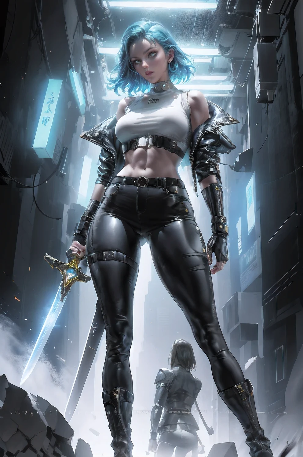 
cyberpunk style，30-year-old mature and charming woman，Sealed tight leather jacket and leather pants wrap the whole body，High-heeled leather boots，Fight with a laser sword，Beautiful，Glowing special effects，celluloid style，Flat coating，HD，CG art，comics，8K，looking into camera，high quality，illustration，Vaporwave style，rim light，movie lighting，Super detailed，complex，OC renderer，cinematic perspective，high resolution
