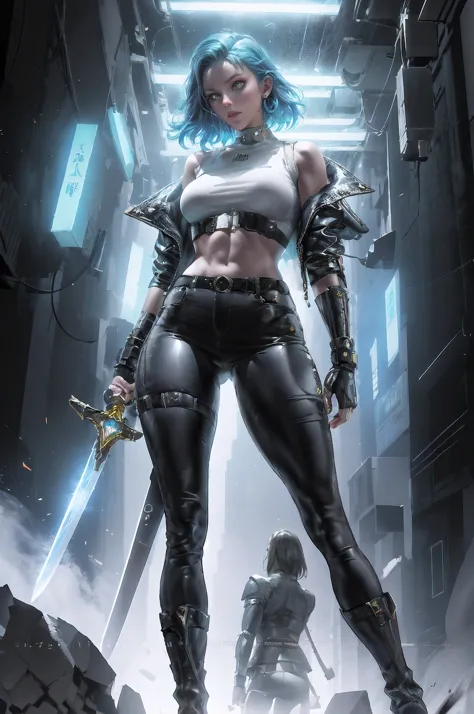 
cyberpunk style，30-year-old mature and charming woman，Sealed tight leather jacket and leather pants wrap the whole body，High-he...