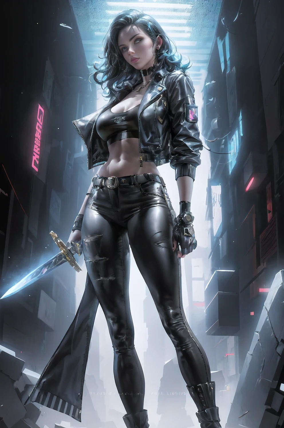 
cyberpunk style，30-year-old mature and charming woman，Sealed tight leather jacket and leather pants wrap the whole body，High-heeled leather boots，Fight with a laser sword，Beautiful，Glowing special effects，celluloid style，Flat coating，HD，CG art，comics，8K，looking into camera，high quality，illustration，Vaporwave style，rim light，movie lighting，Super detailed，complex，OC renderer，cinematic perspective，high resolution
