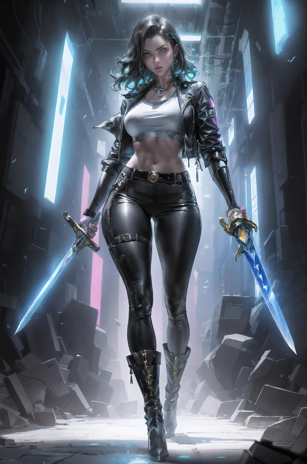 
cyberpunk style，30-year-old mature and charming woman，Sealed tight leather jacket and leather pants wrap the whole body，High-heeled leather boots，Fight with a laser sword，Beautiful，Glowing special effects，celluloid style，Flat coating，HD，CG art，comics，8K，looking into camera，high quality，illustration，Vaporwave style，rim light，movie lighting，Super detailed，complex，OC renderer，cinematic perspective，high resolution
