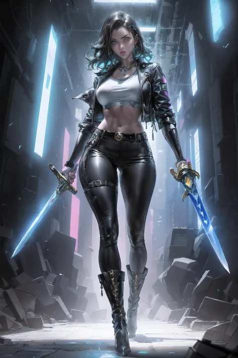 cyberpunk style，30-year-old mature and charming woman，sealed tight leather jacket and leather pants wrap the whole body，high-hee...