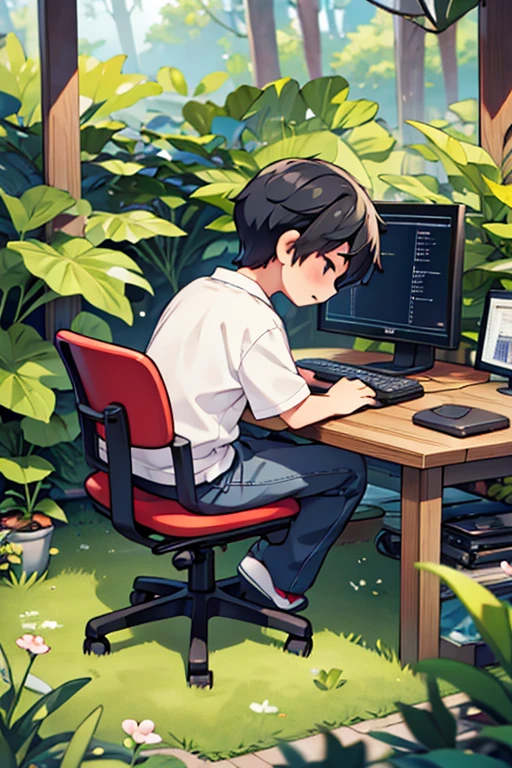 8k、HD、Japanese man in his 30s、Sitting in a chair in nature and programming on a computer、Clothes are simple、Back view、Artistic、I like computers、Ambitious、creative、I like nature