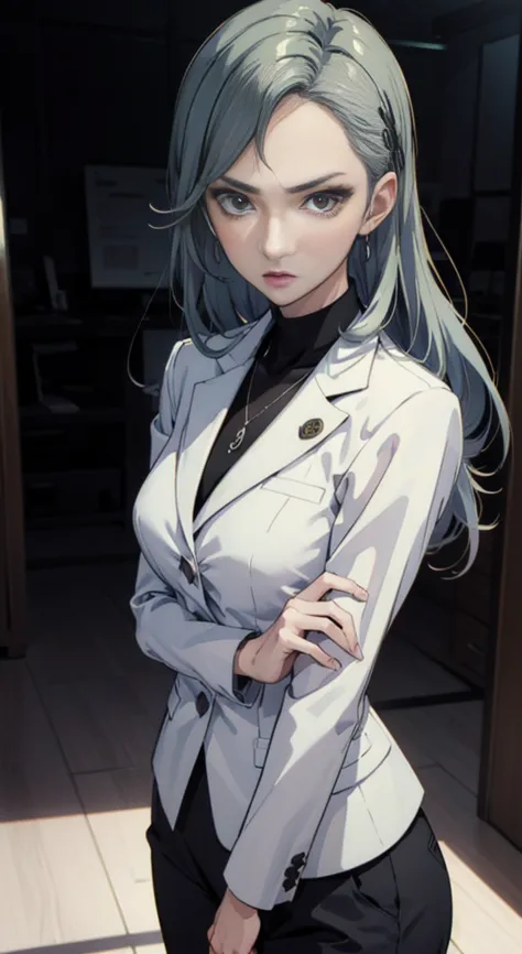 (((masterpiece))) sae niijima, wearing an office lady suit, long pants, in an office, standing, serious looks, bright