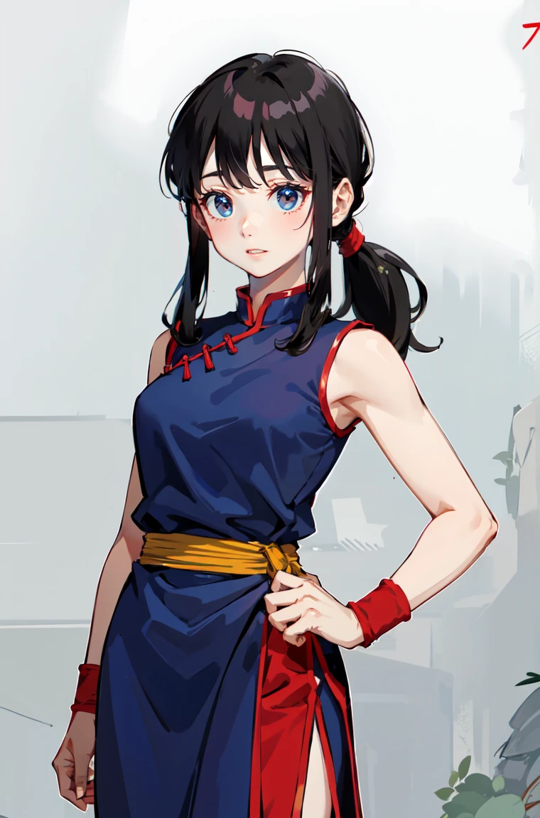   dragon ball, bbchichi, (low ponytail:1.1), black eyes, chinese clothes, blue dress, sleeveless, wristband, sash, ultra detailed, masterpiece, best quality, aesthetic, detailed,ezh,solo