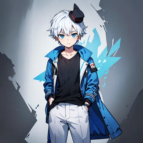 1 boy, solo, blue eyes, (detailed eyes), white hair, hair between the eyes, (hat on head), (casual jacket), big jacket, (blue ja...