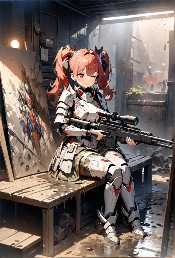 (A girl robot with red hair and twin tails, red eyes, wearing white and gray camouflage clothing, flashy robot armor),(holding an urban camouflage long range rifle), sitting and sleeping in the shadow of a building, covered in mud, armor scratches, and bullet holes, best quality, 8k, highres, masterpiece:1.2, ultra-detailed, HDR, UHD, studio lighting, ultra-fine painting, sharp focus, physically-based rendering, extreme detail description, professional, vivid colors, bokeh, concept art