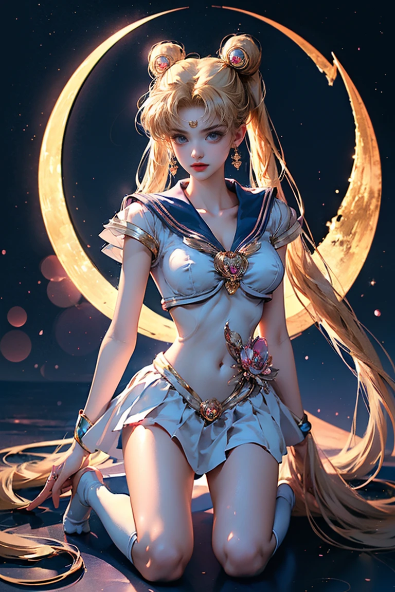 ((Meisterwerk, höchste Qualität, Höchste Bildqualität, hohe Auflösung, fotorealistisch, RAW-Foto, 8K)), ((extrem detailliertes CG Unified 8k-Hintergrundbild)), (riesiger atemberaubender Göttinnenschuss, sehr heiß und sexy, atemberaubende Schönheit, perfekte Proportionen, schöner Körper, schlanke Körperschönheit:1.4), Frau im Matrosenanzug fotografiert, Sailor Moon, Sailor Moon style, Sailor Moon. Schön, inspiriert von Sailor Moon, Sailor Moon, offizielle Kunst, Sailor Moon Ästhetik, Offizielles Anime-Artwork, magisches Mädchen Anime magisches Mädchen, Anime-Prinzessin, magischer Mädchenstil, hochwertige Kunstwerke, magisches Mädchen kniet vor riesiger Mondsichel, eine Hand auf der Hüfte, 