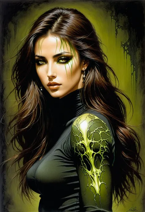 Illustration by Luis Royo. Black background. Beautiful Lebanese woman with long brown hair. Ideal anatomy, beautiful expressive ...