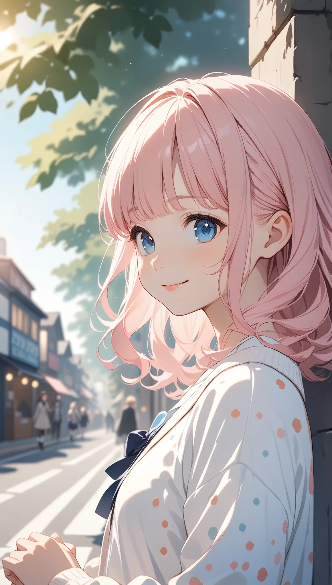 Anime Style, Very detailedなイラスト, Very detailed, beautiful, 8k, ( alone), Cute baby face, Super cute, smile,｛school uniform, Plain,Plain cardigan｝, (Outdoor, Town Street) ,Pink Hair,short straight bangs, smile,blue eyes, , Raise the hand, From the side ,(Speckled sunlight:1.2),Blurred,(Written boundary depth:1.1),Tilt your head,(Thigh-high socks:1.3),(Upper Body:1.3)
