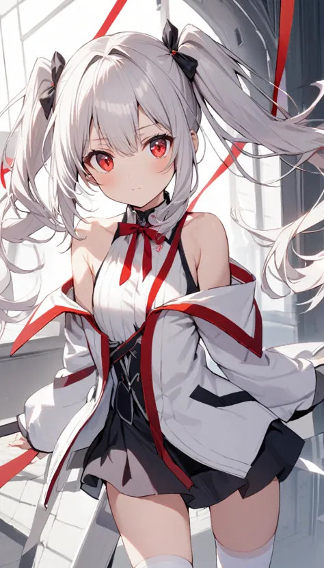1girl, red eyes, solo, long hair, twintails, white hair, shoulders, off shoulder, white thighhighs