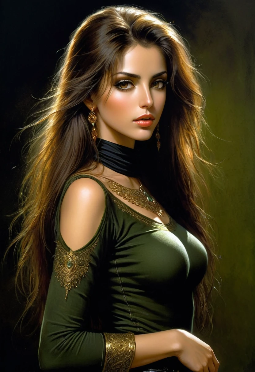 Ilustração: Luis Royo. fundo preto. Linda mulher libanesa com longos cabelos castanhos. Anatomia Ideal, Belo visual expressivo. Ela usa uma blusa preta de gola alta e jeans skinny verde oliva. Sua parte traseira fica voltada para a câmera. Obra de arte, (melhor qualidade: 1.5), iluminação perfeita, Muito detalhado, Ultra HD, hdr, grandes olhos de anime, ultra realistic. (Comprimento total, ângulo amplo, Centro, sem aparar) - AR 9:16 - de 1:2. + (Estilo Pino Daeni, Alberto José Penaud, Sven37)
