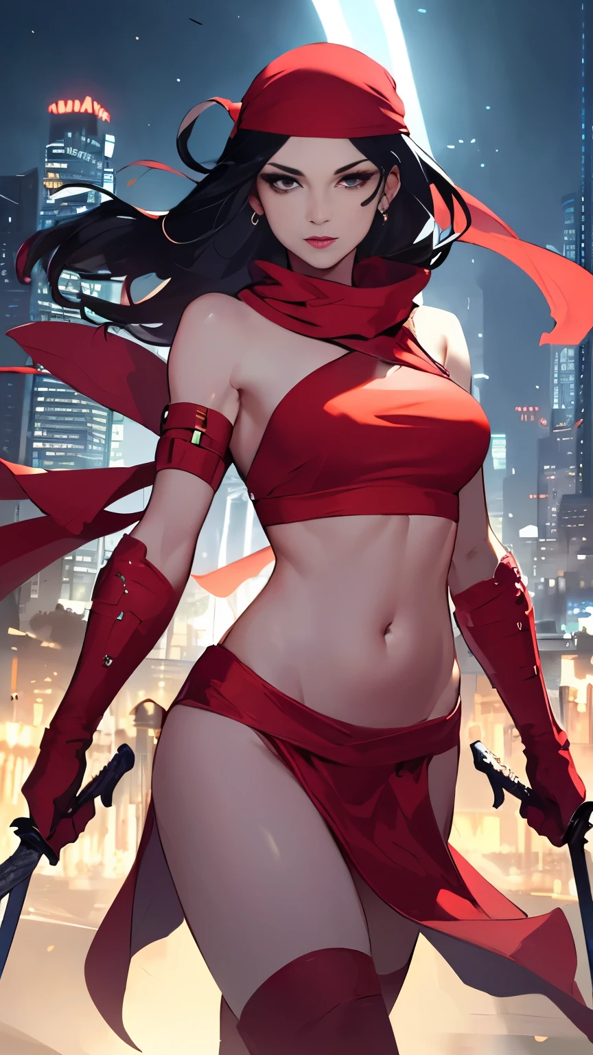 (high quality, masterpiece, detailed), night city detailed scenario, night city detailed background, One girl, Black Hair, alone, arms, bandana, Holding, sword, compensate, Two-Way, gloves, boots, Ninja, redクロップトップ, redﾌﾞﾙﾏｰ, belly button, Perfect Face, Beautiful Eyes, View your viewers, Sexy pose