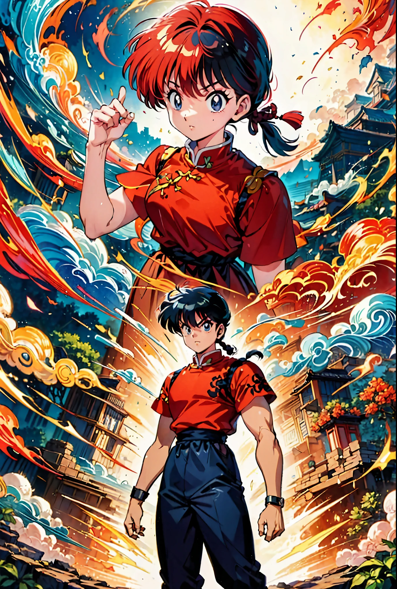 ((Two people in Chinese style: A man is standing behind the woman)),woman,male,(ranma, ranmaw),(1 pigtail),ranma 1/2,battle pose,dynamic pose,(masterpiece:1.3),(highest quality:1.4),(ultra detailed:1.5),High resolution,extremely detailed,unity 8k wallpaper,Official Art,Perfect Anatomy,(Anime screenshots:1.11),(90s Anime,90s anime style,cell shaded anime:1.17),BREAK,ranma red shirt,BREAK,black pants,BREAK,((red haired woman)),BREAK,((Black haired man: masculine eyes and eyebrows)),BREAK,1990s \(style\),retro art style,((RanmaChan:1.52)),Chinese clothing,battle style,Looks happy,Rumiko Takahashi's painting style,chinese style background,Place Chinese goods,intricate details,very detailed,zentangle elements,Cover illustration,draw a clear line,rich colors,colorful,super fun