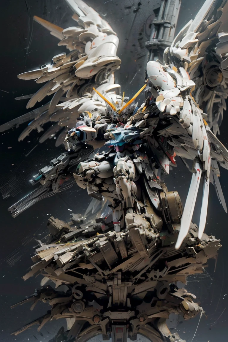 ((masterpiece, highest quality, Highest image quality, High resolution, photorealistic, Raw photo, 8K)), ((Extremely detailed CG unified 8k wallpaper)), Wing gundam zero, They spread their wings and soar over the ruined city,