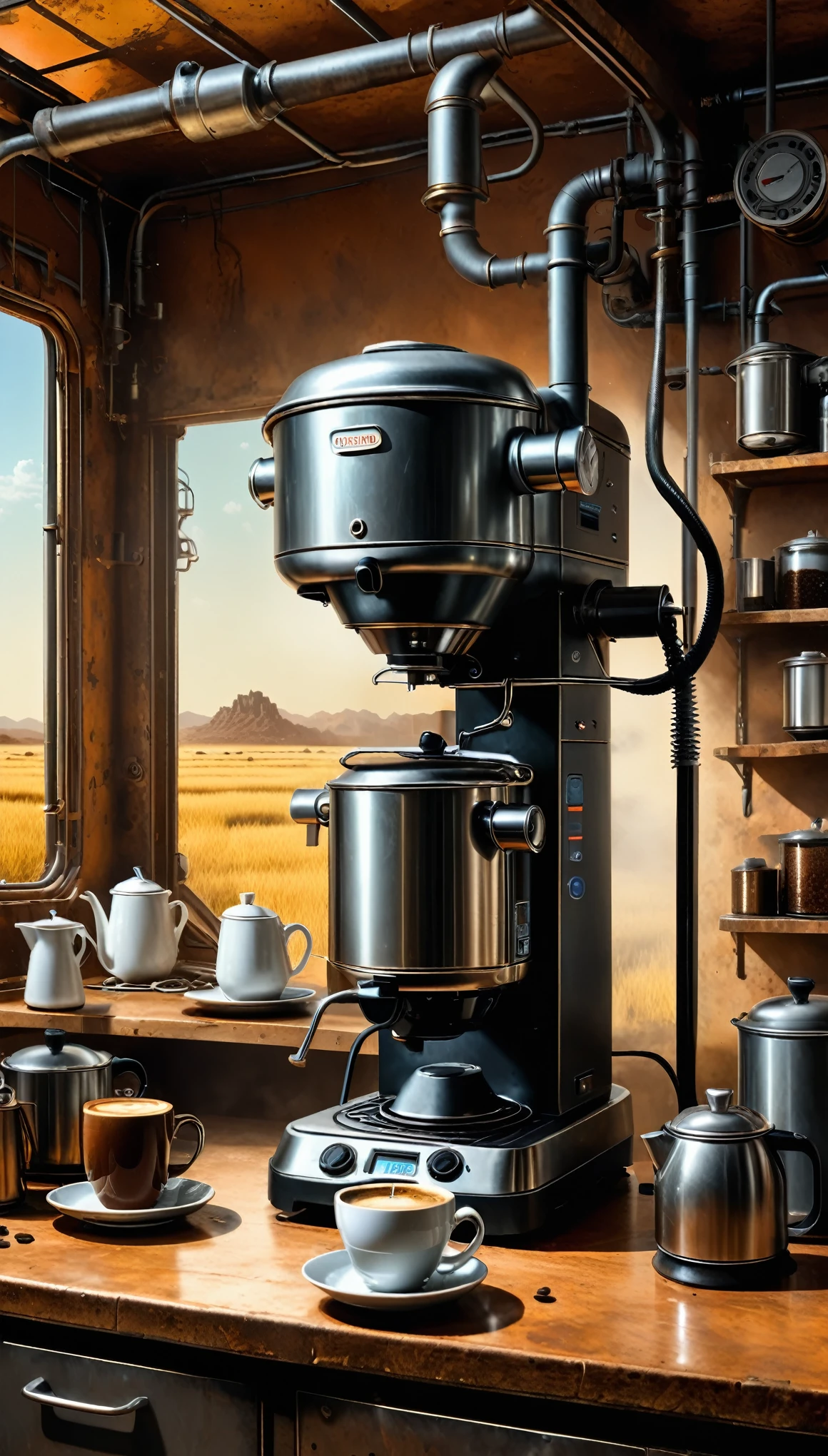 （Coffee machine），（Electric kettle），（grinding machine），（rice cooker），wasteland, Science Fiction Art, Dennis Ruston Wide Angle Lens