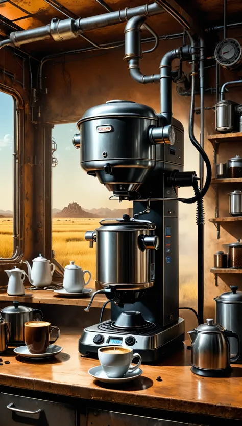 （Coffee machine），（Electric kettle），（grinding machine），（rice cooker），wasteland, Science Fiction Art, Dennis Ruston Wide Angle Len...