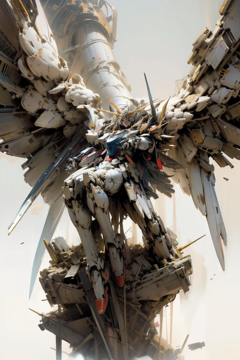 ((masterpiece, highest quality, Highest image quality, High resolution, photorealistic, Raw photo, 8K)), ((Extremely detailed CG unified 8k wallpaper)), Wing gundam zero, They spread their wings and soar over the ruined city,
