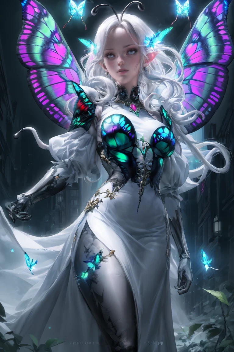 solo,1lady\(cute,kawaii,small kid,skin color white,short white hair,(big moth wing hair:1.7),white dress\(beautiful race\),(2moth antennaes at hair:1.8),[moth wing on back:2.0],[moth wing on body:2.0],[moth wings:2.0],[extra arm],moth wing is only at hair,breast,dynamic pose,spit out silk from mouth,spun\),background\(night,moon,((beautiful street light))\), BREAK ,quality\(8k,wallpaper of extremely detailed CG unit, ​masterpiece,hight resolution,top-quality,top-quality real texture skin,hyper realisitic,increase the resolution,RAW photos,best qualtiy,highly detailed,the wallpaper,cinematic lighting,ray trace,golden ratio,\),bust up shot