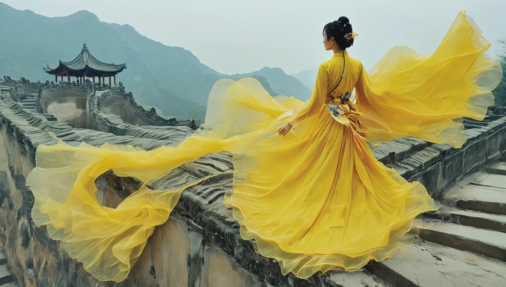 (傑作, 最高品質:1.2), 1人の女の子, 一人で，黄色の服を着た女性，側面図，国峰