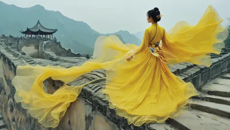 (masterpiece, best quality:1.2), 1girl, solo，walkwoman in yellow，side view，guofeng