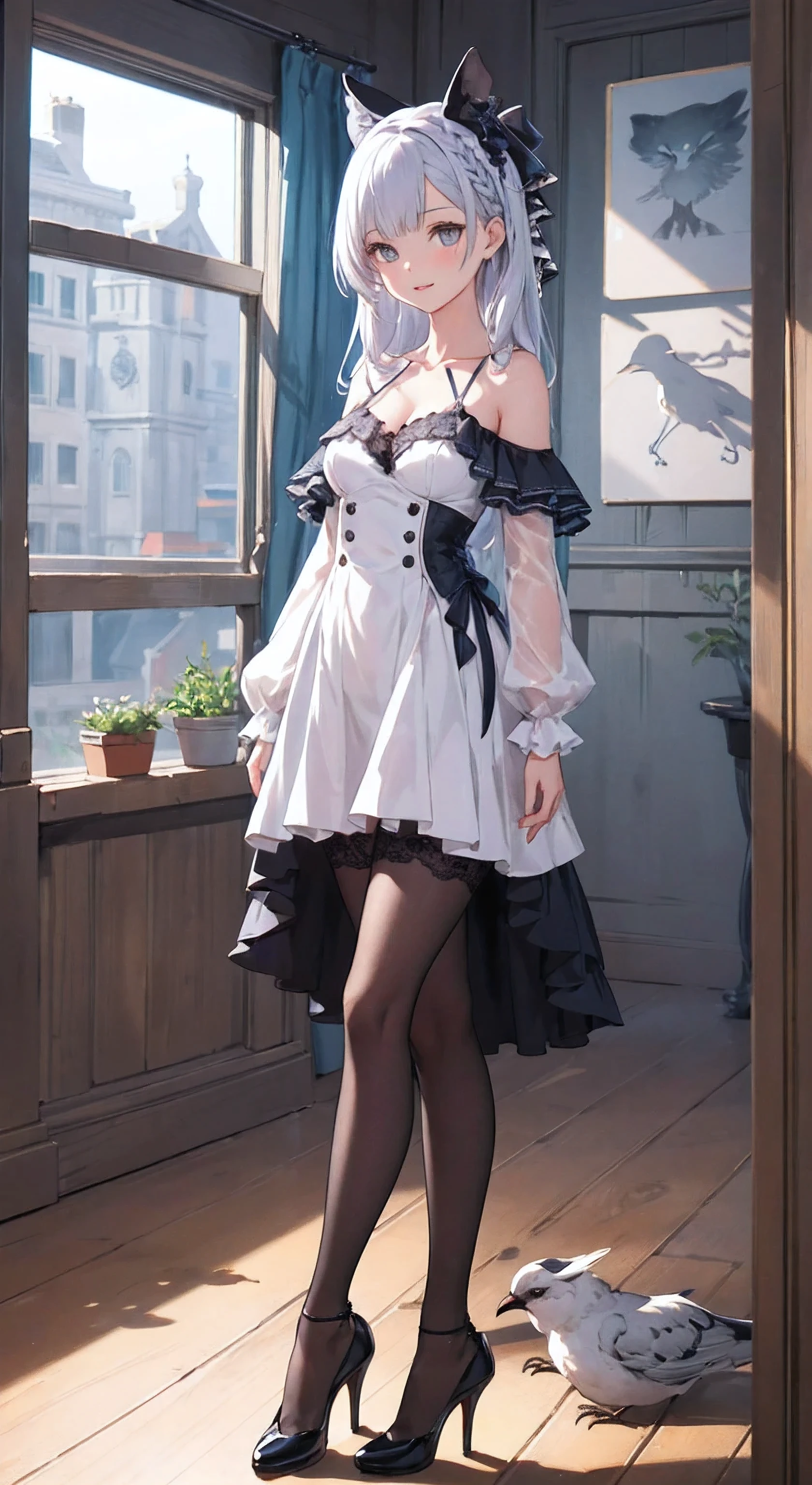 1girl, highly detailed, detailed eyes, sunny room, masterpiece, looking at viewer, illustration, game cg, collarbone, standing, glossy lips, high heels, silver hair, long hair, argus\(azur lane\), silver_hair, medium breasts, gray_eyes, hair_clip, argusorigin, black lace stockings, small silver crown on head, legs apart, feet shoulder width apart, happy, birds in window