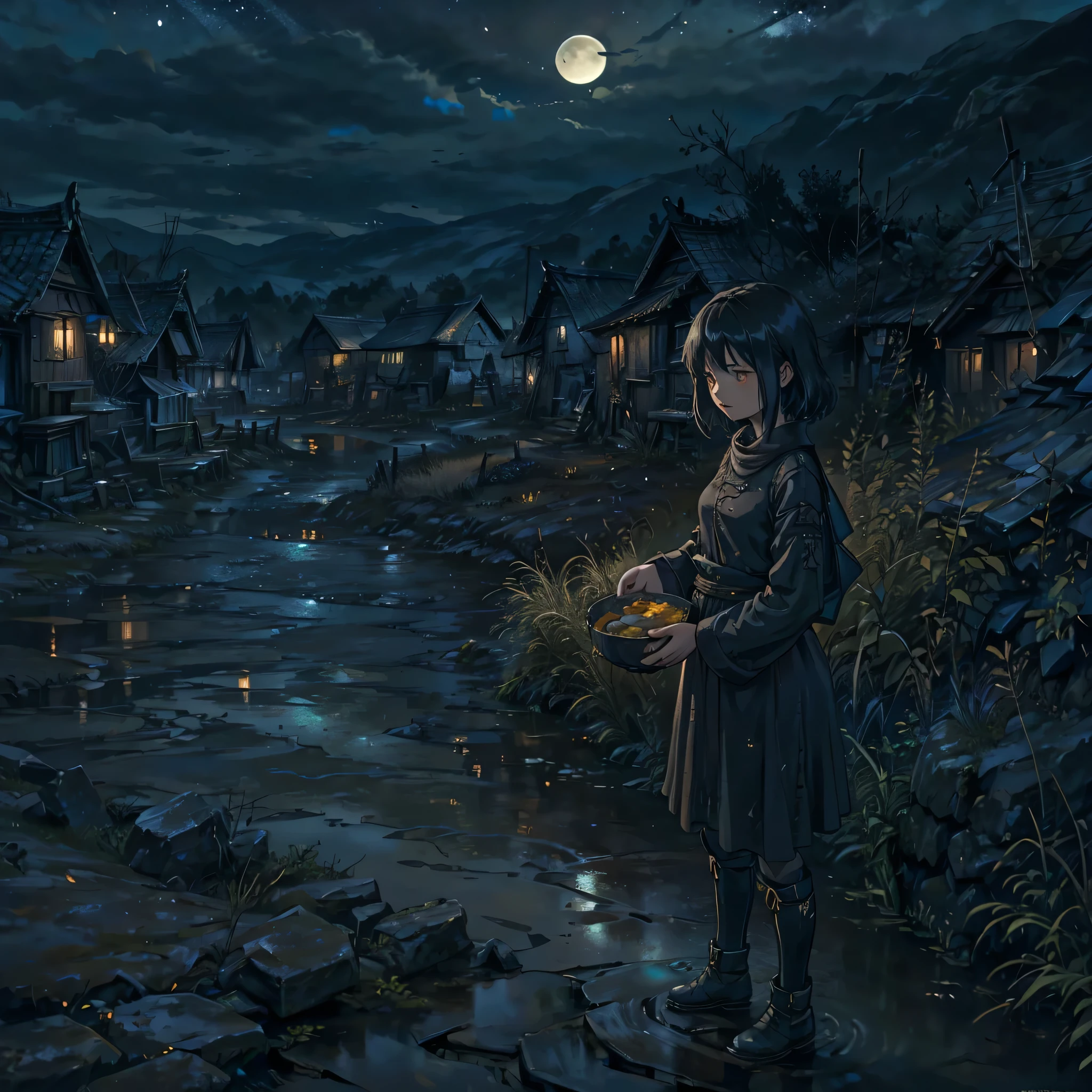 A village in famine，Surrounded by dry streams，Desolate and dilapidated。The moon is dark and the wind is high，The moon is obscured by clouds，Below is the dark and gloomy farmland，A girl holding a bowl of soup，Standing in front of the village。The black figure in the middle，Night，Gothic，Fantasy。