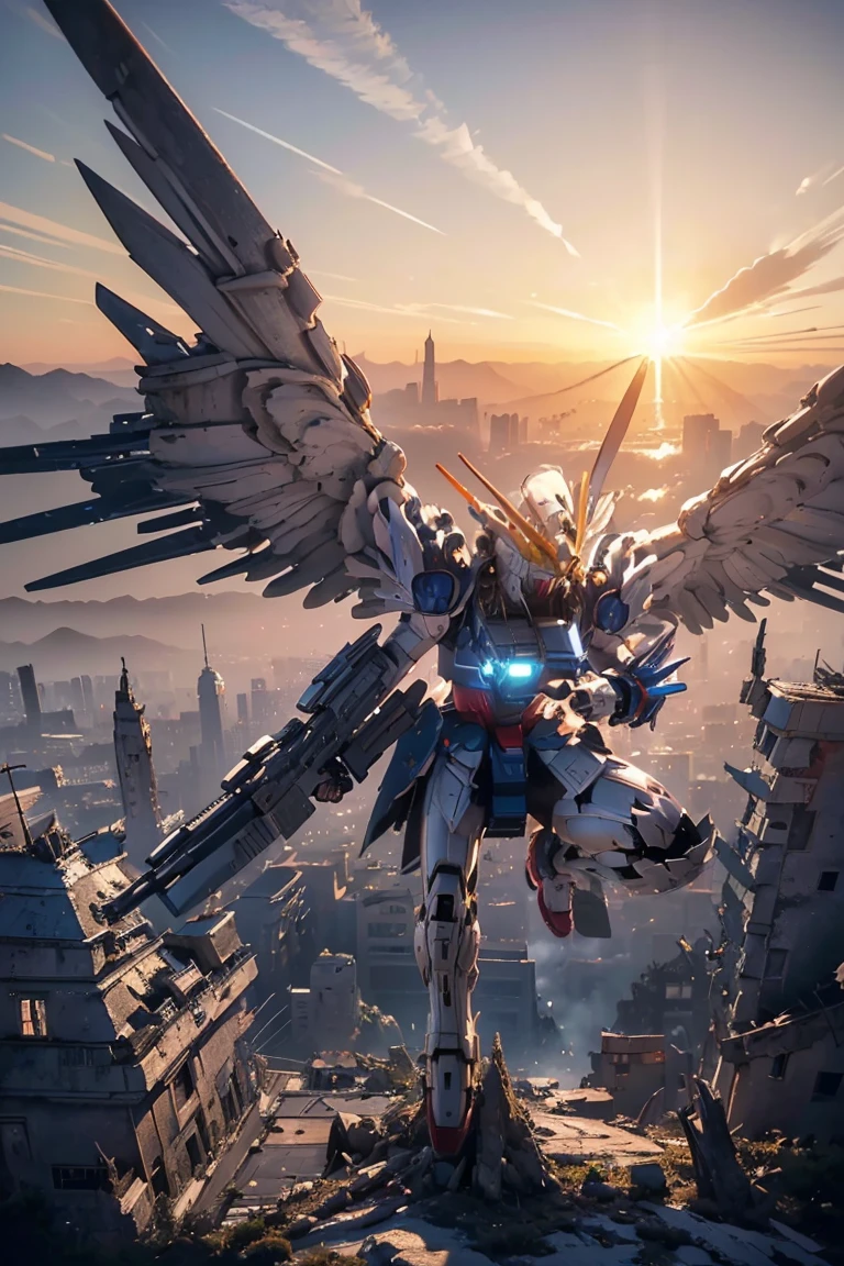 ((masterpiece, highest quality, Highest image quality, High resolution, photorealistic, Raw photo, 8K)), ((Extremely detailed CG unified 8k wallpaper)), Wing gundam zero, They spread their wings and soar over the ruined city,