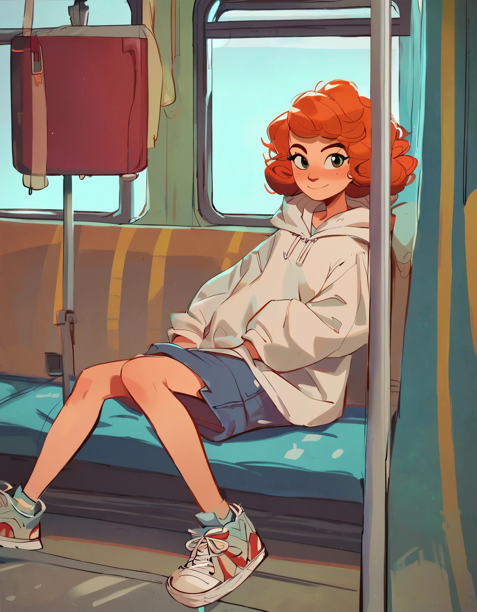 score_9, score_8_up, score_8, score_7_up, score_7, score_6_up, score_6, Expressiveh, rating_safe, mngmst_style, masterpiece, tracing,  1girl, solo, slim, 1girl, ginger, curly hair, red hair, blush, hoodie, sneakers, cute, sitting, looking at viewer, subway train, 