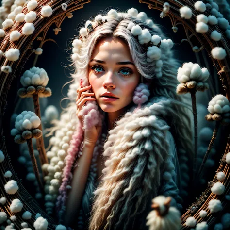 cotton candy queen women goddess 8k resolution rendered hyper realistic intricate detail lives in an frosty ice bubble, a fancif...