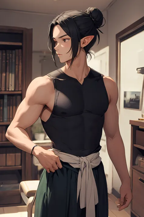 elf masculin, black hair tied in a bun,