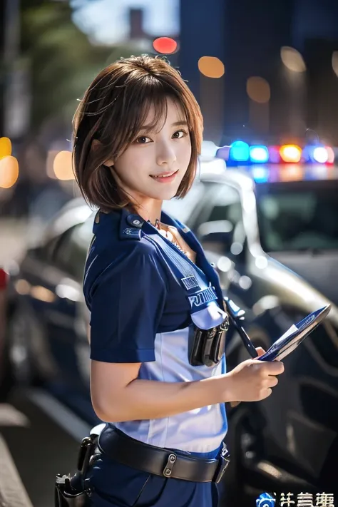 (an 18-year-old female police officer directing traffic at an intersection:1.5)、(gentle smile:1.2)、(the best quality at its best...